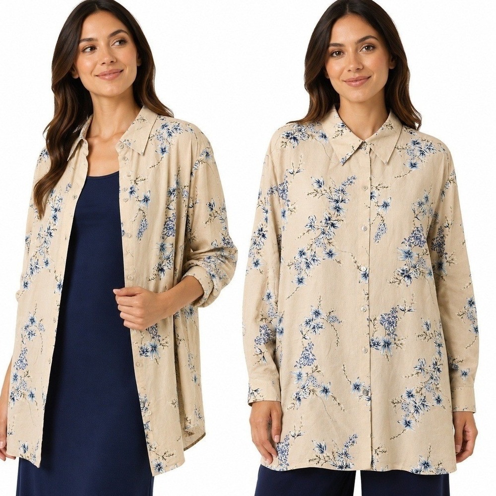 Emma James Shirt Womens XL Tan Blue Floral Ramie Rayon Button Front Tunic‎
